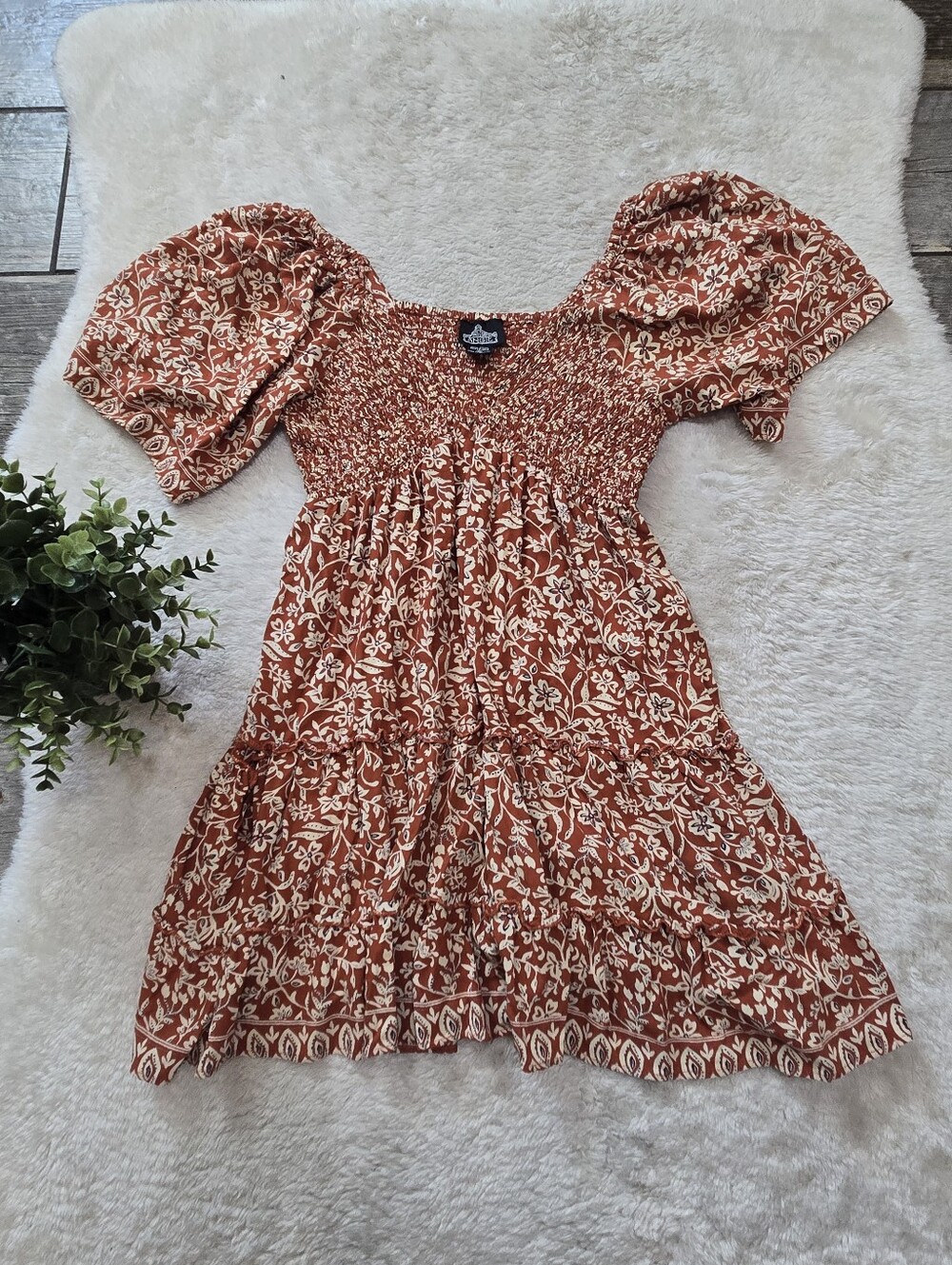 Angie Orange Floral Smocked Boho Babydoll Prairie Cottagecore Mini-Dress, M